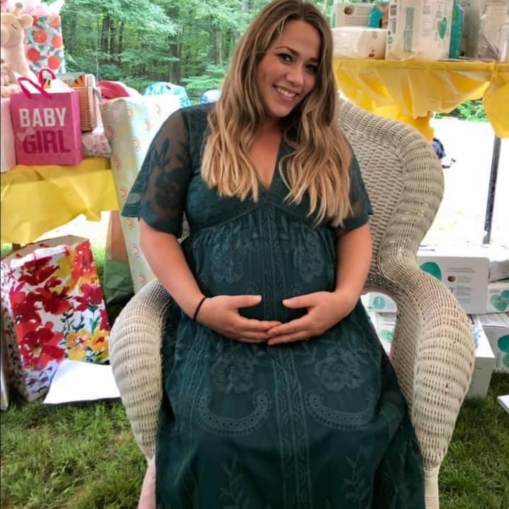 Dark Turquoise Lace Mesh Overlay Maternity Maxi Dress